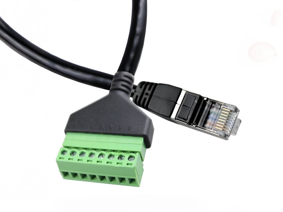 Zoomed in RJ45 Male Plug Terminal Block with Cable