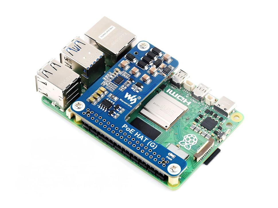 Power Over Ethernet HAT (G) Mounted on Pi 5 Board
