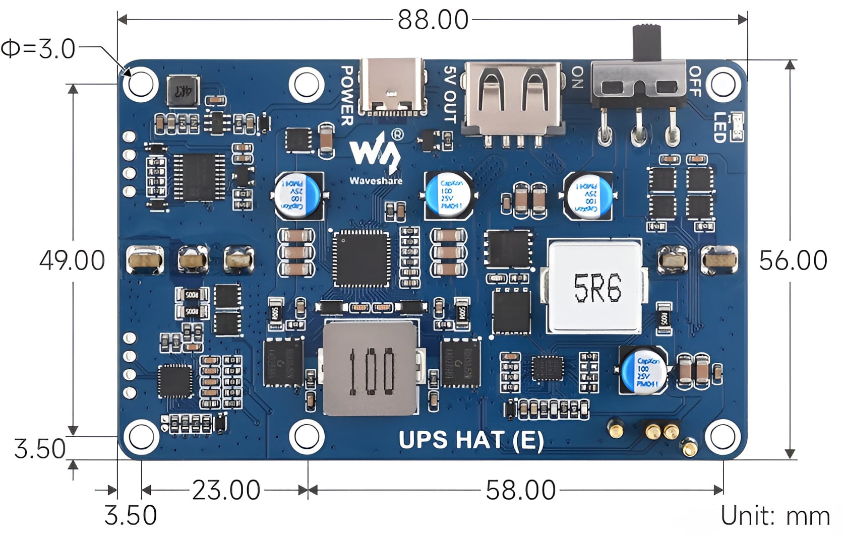 HAT Batterie Li-ion Waveshare Pour Raspberry Pi - Sortie 5V Régulée, Charge Rapide Bidirectionnelle