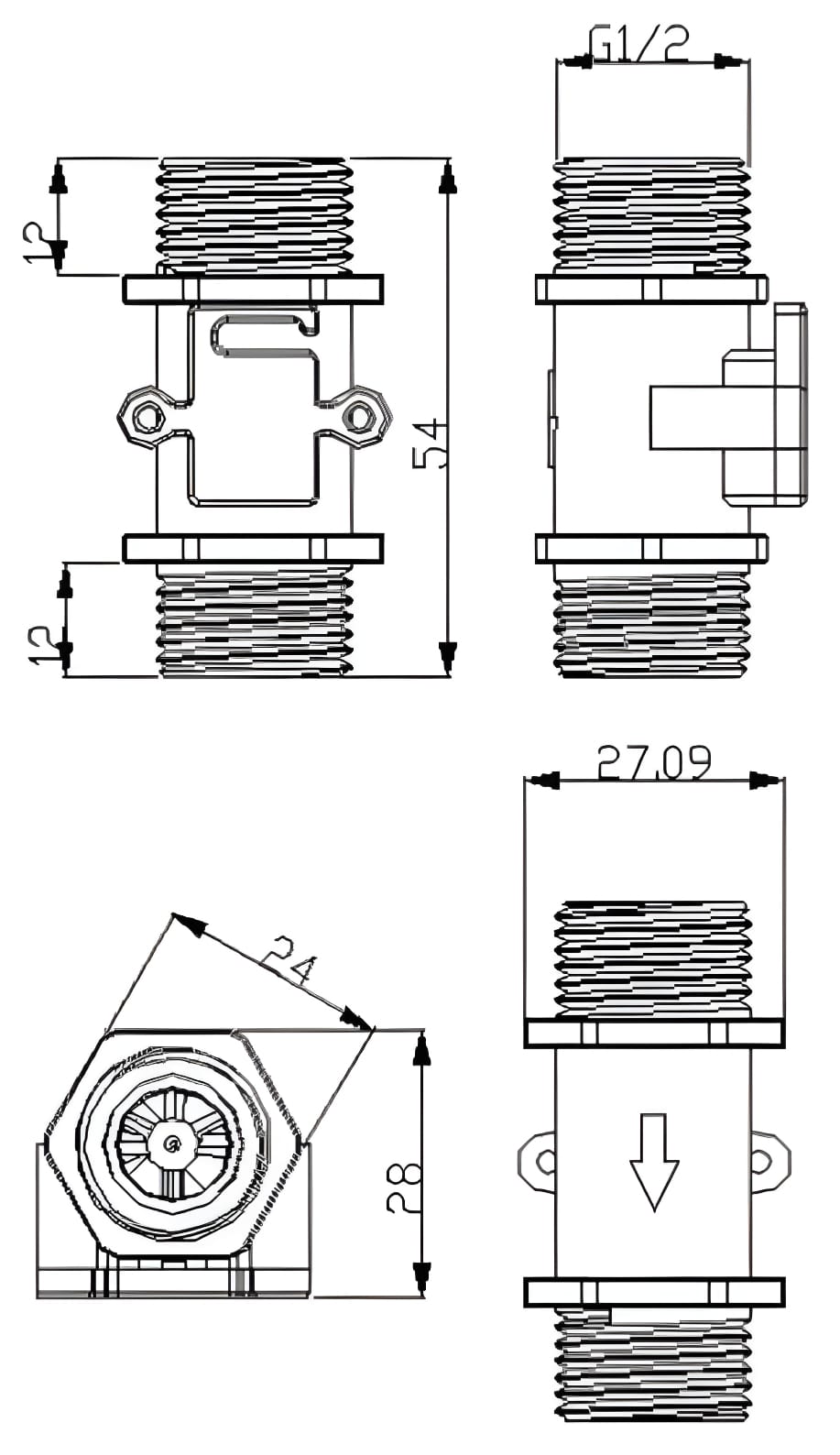 YF-S201C Water Flow Sensor Dimensions