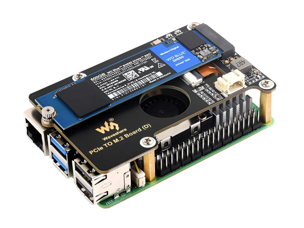 PCIe To M.2 Adapter Board (D) Mounted on Raspberry Pi 5