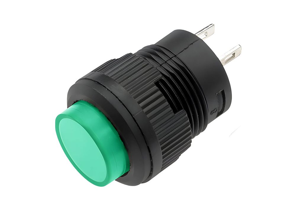 Green 16mm Round Panel Mount Momentary Pushbutton - Front