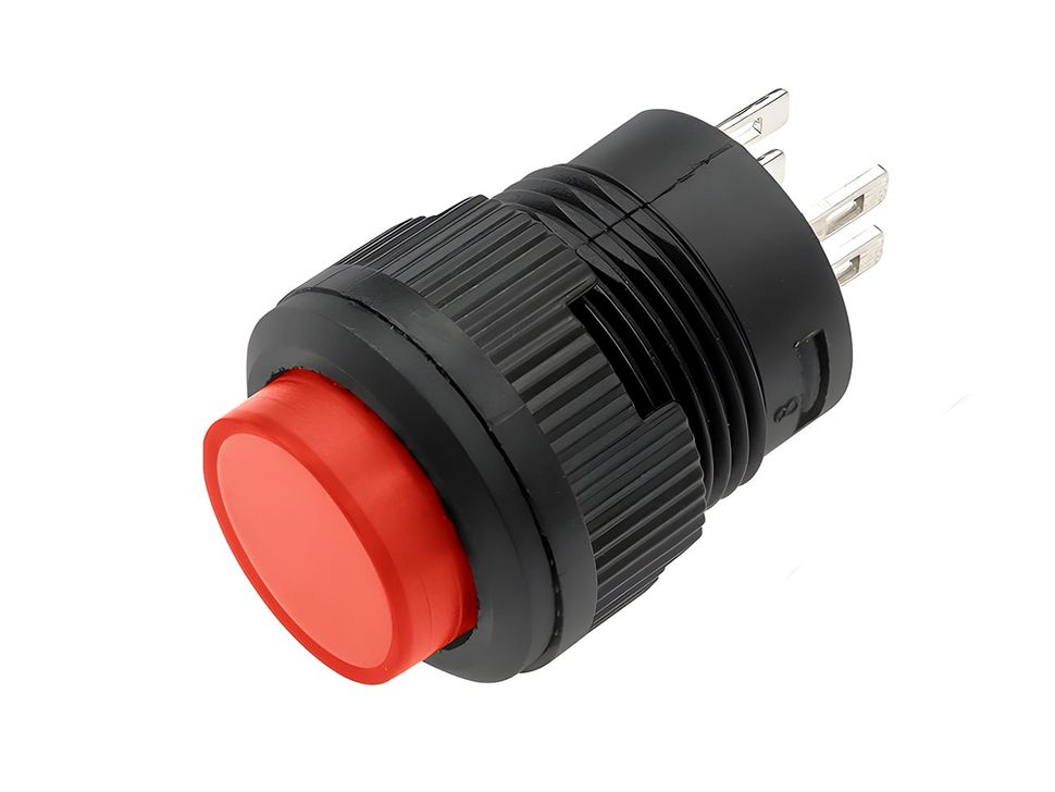 Red 16mm Round Panel Mount Momentary Pushbutton with LED - Front