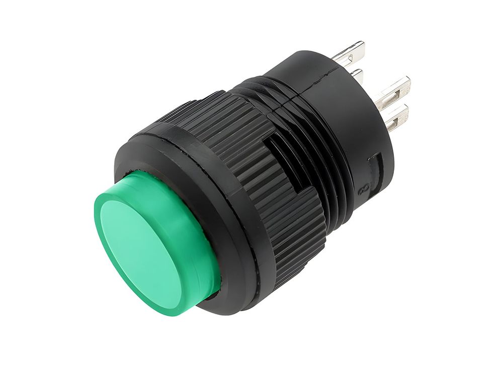 Green 16mm Round Panel Mount Momentary Pushbutton with LED - Front