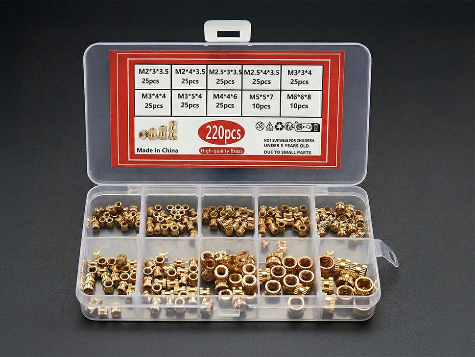 Brass Knurled Threaded Insert Nuts Assortment Box