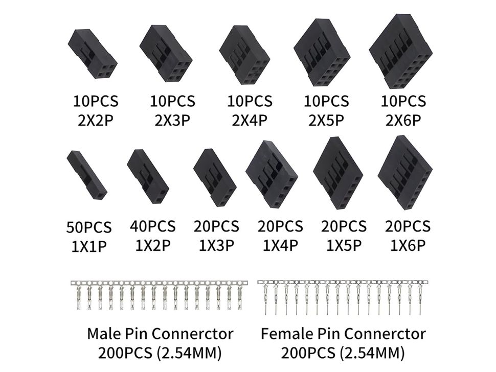 Contents for 620pcs 2.54mm Pitch DuPont Connectors Assortment Pack